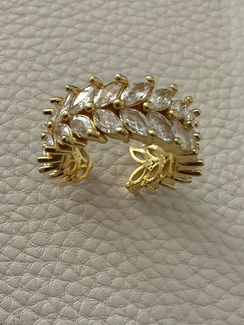 Gold Marquise Leaf Crystal Band Ring - White Lab Topaz - Open Size *NEW